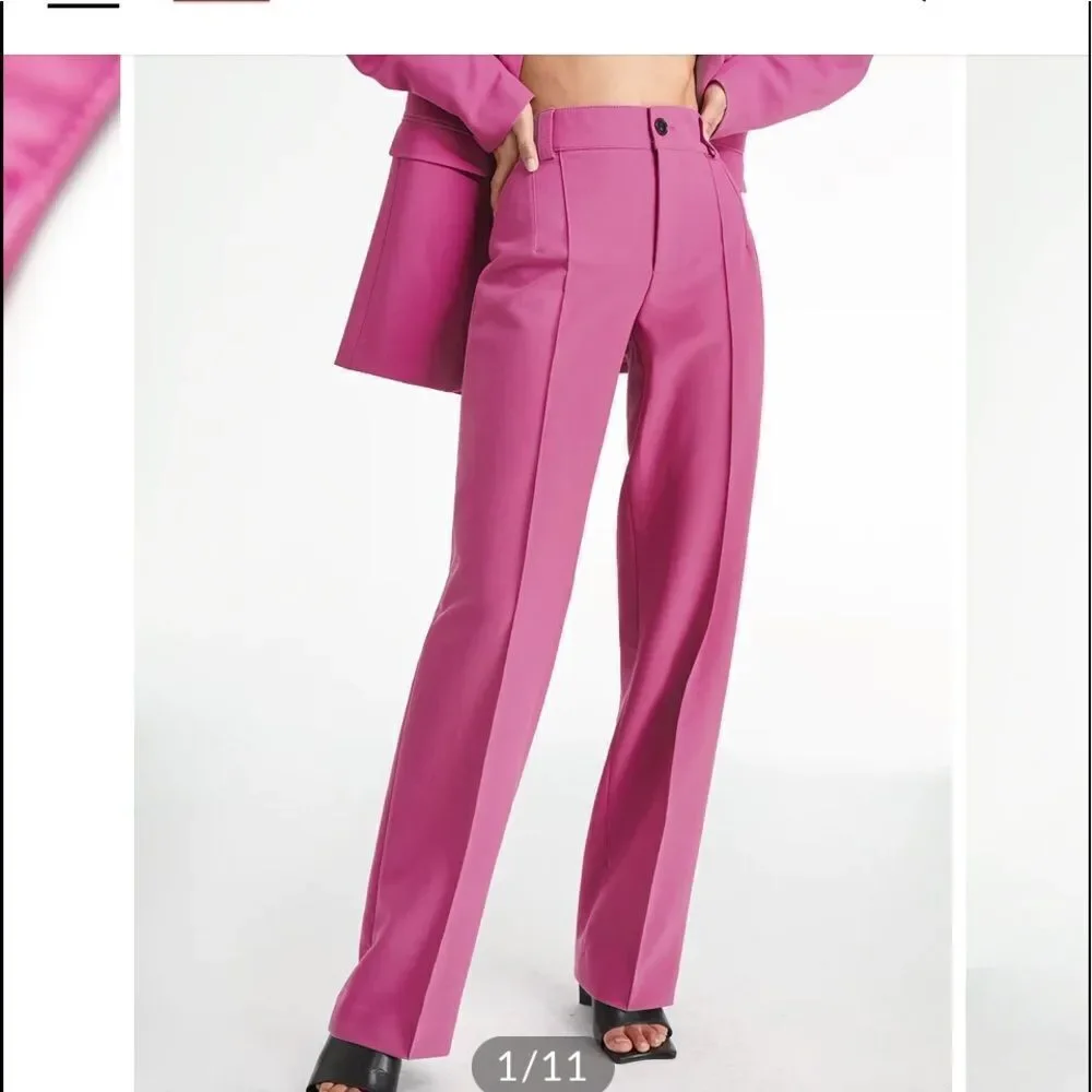 CommensSolid Color Essential BlazerJacket &HighWaist Pleat Frt Strat Leg Fuchsia_12